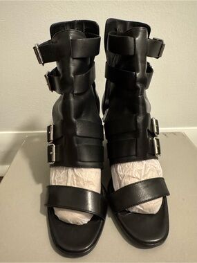 The Kooples Black Leather Block Heel Sandals